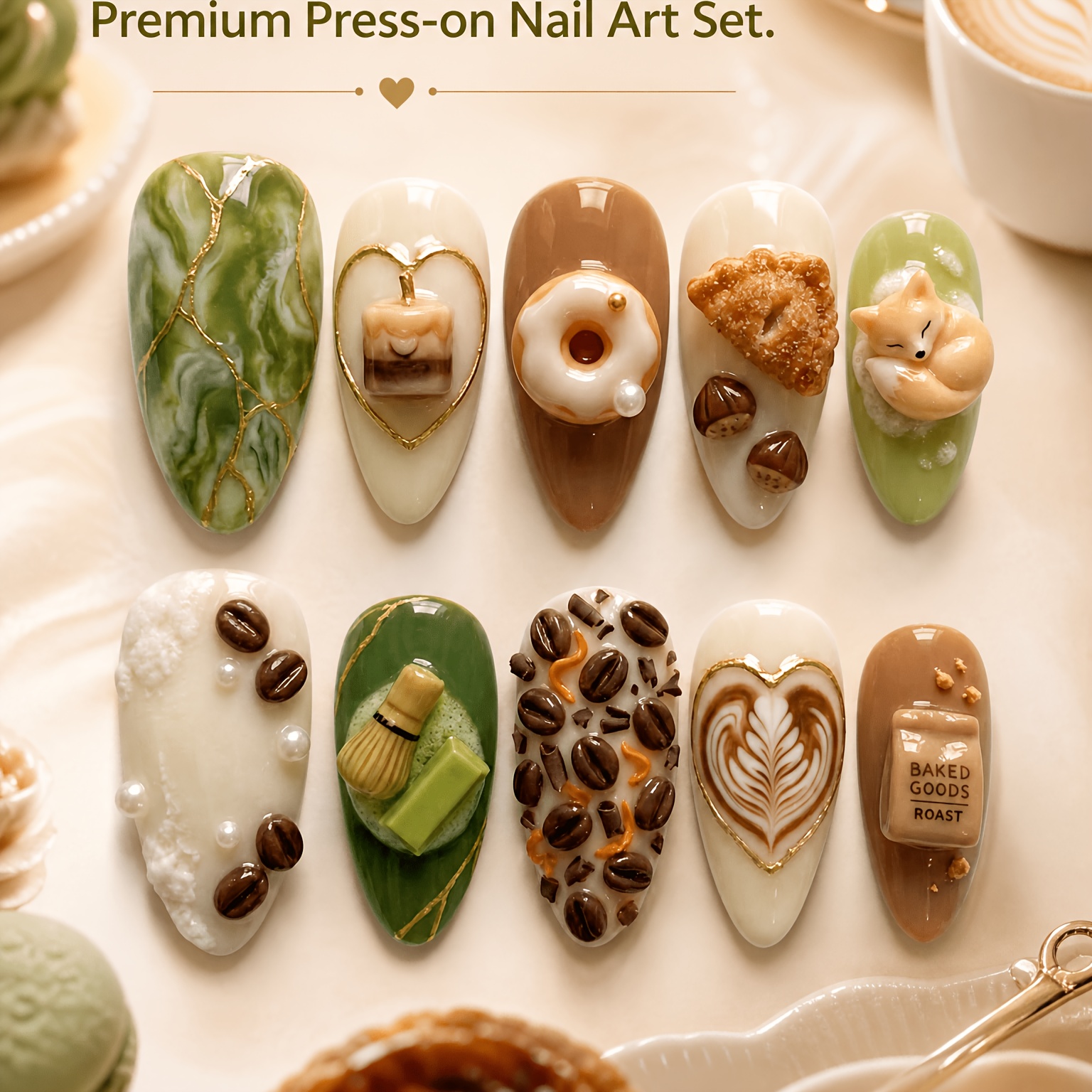 TEMU 10pcs Medium Almond Press On Nails For Women, Theme Fake Nails, 3d Coffee Bean Latte & Dessert Decor, Cream Brown Gel X False Nails For Daily