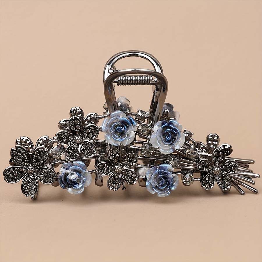 TEMU Vintage Style Hair Claw Clip With Rhinestones, Zinc Alloy Metal, Elegant Black Accessory For Women