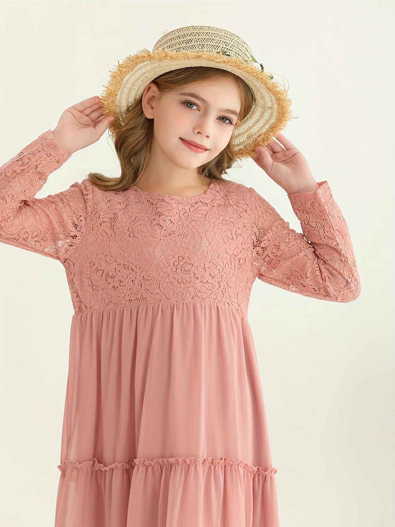1pc girls lace trim long sleeve dress casual fit flare   length summer dress with round neck soft pink sizes 5 11 years hand wash only perfect gift for young girls eenage styling layered lace detailing school outfit breathable fabric peach 3