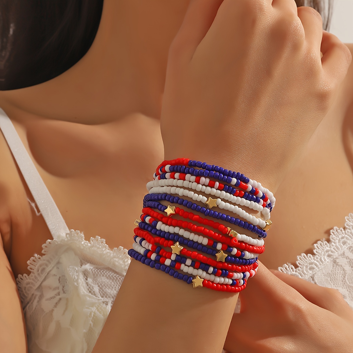 

14-piece Bohemian Style Handmade Beaded Bracelets, Colorful Layered Bangle, Ethnic Fashion, Star Bead Accents, Women's Daily Wear, 4th Of July Decor