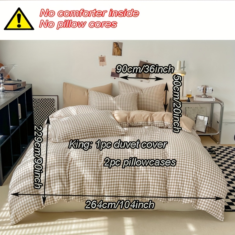TEMU Ensemble de housse de couette en microfibre lavable, et facile à installer, avec un dessus uni à petits carreaux et un dos uni (1 housse de