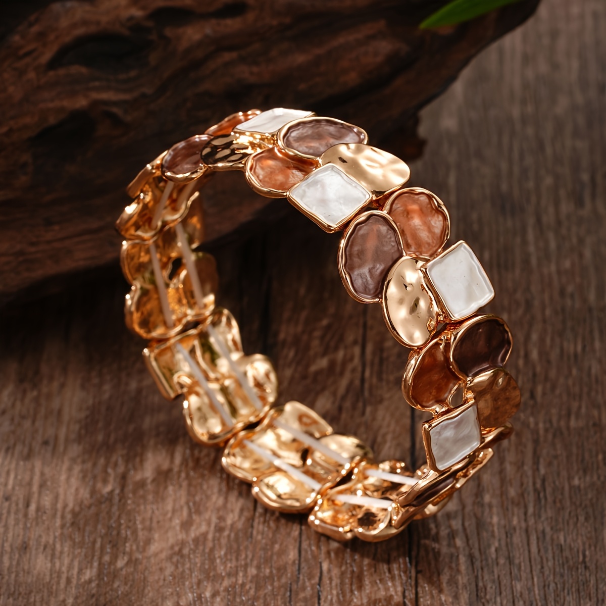 TEMU Bracelet Élastique Boho Émaillé Géométrique Simple pour Femme - Accessoire Tendance en Alliage de Doré - Design Irrégulier et Assemblé - Bijou