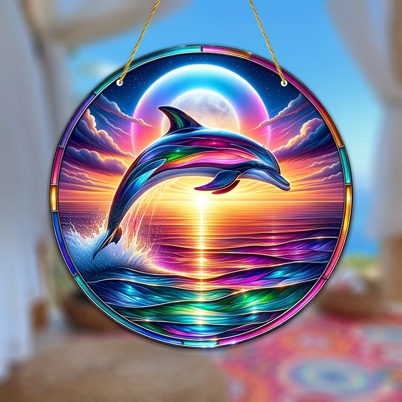 

Dolphin Suncatcher 8" - Colorful Stained Glass Window Hanging, Perfect For Garden, Porch, Living Room & Office Decor - Ideal Gift For Mom, Family & Friends