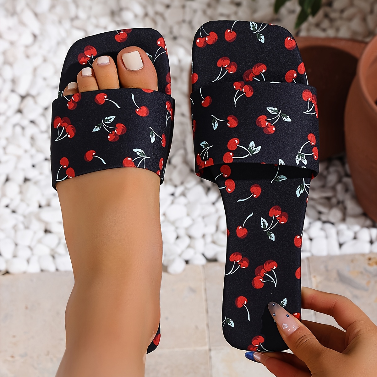 TEMU New Summer Women's Comfortable Casual Square-toe Cherry Print Slip-on Flat Sandals For Outdoor Wear And Home, Women's For The Seaside, Women