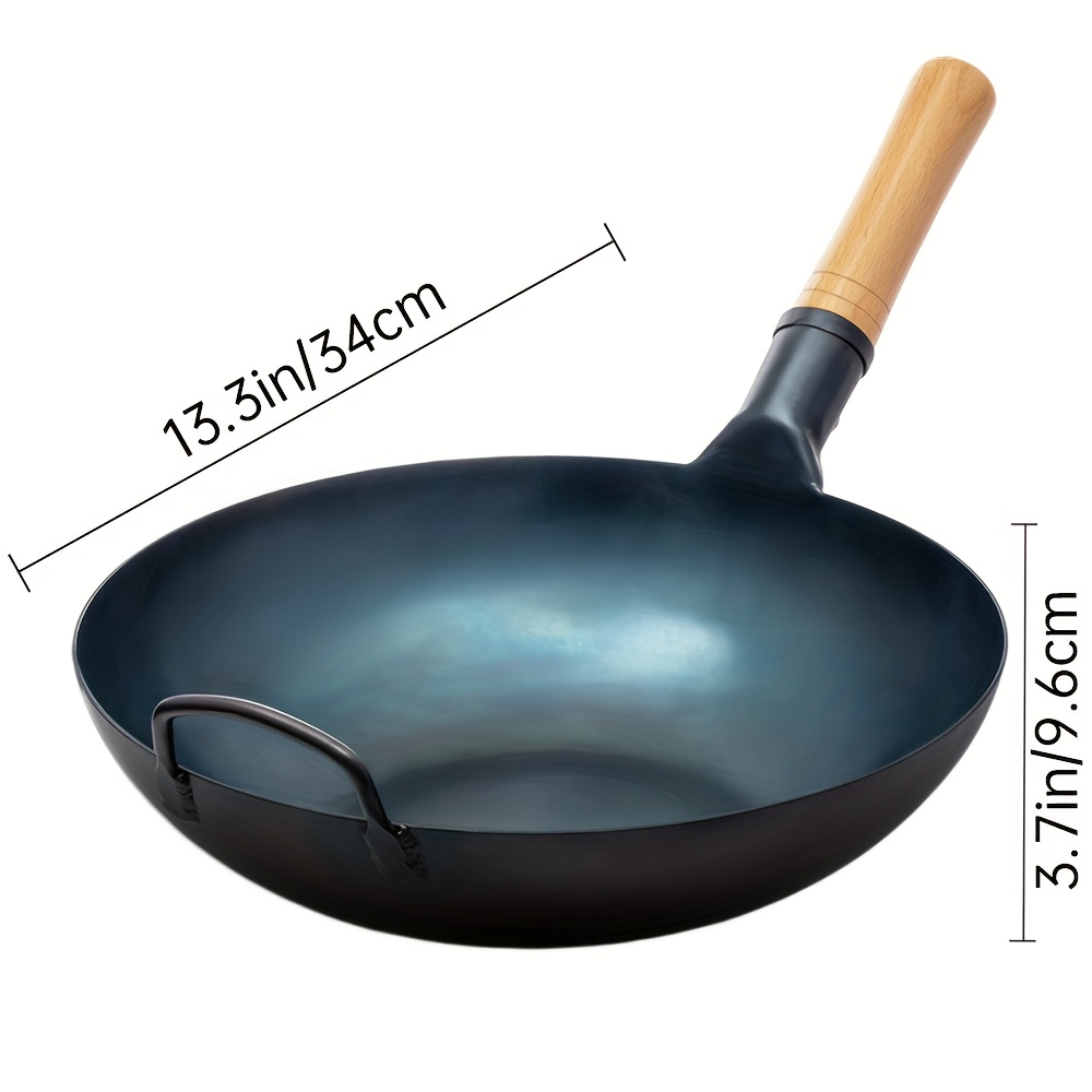 TEMU 1pc Cast Iron Wok With Wooden Handle - , Non-coated, Kitchen Pan For Gas Stovetop & Induction Cooking, Finish, Ideal For Frying, And Outdoor Cooking.