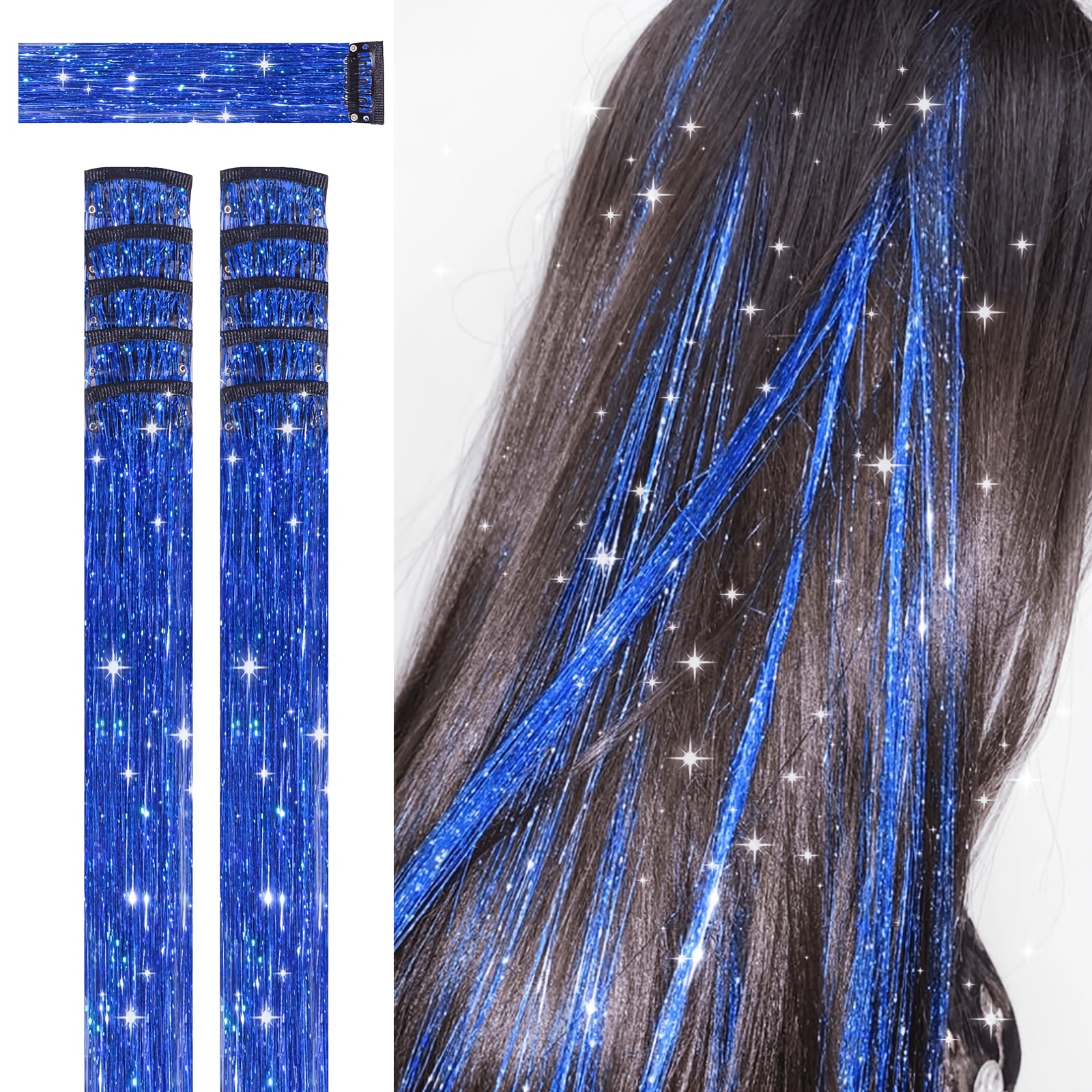 TEMU 10pcs Royal Blue Hair Tinsel Clip In, Hair Additions 24 Inch 80 Strands Bobby Pin Tinsel Hair Extensions Suitable For Daily Use At Women's