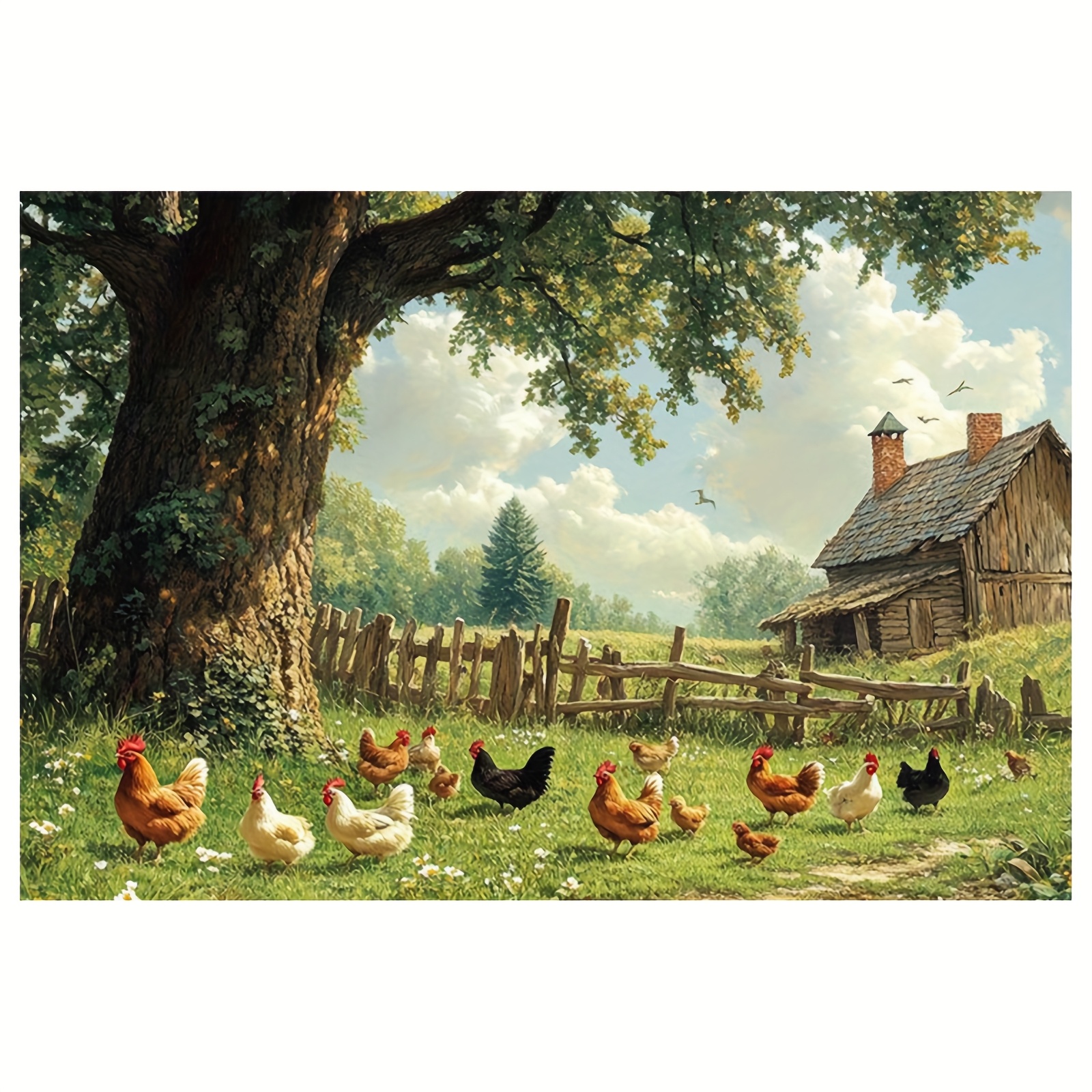 E-shop 1pc Rahmenloses Leinwand-Wandkunst - "Hühnerstall im Garten" mit Grünpflanzen und Holzzaun, 30,48 x 45,72 cm, ruhige Landschaftsszene mit