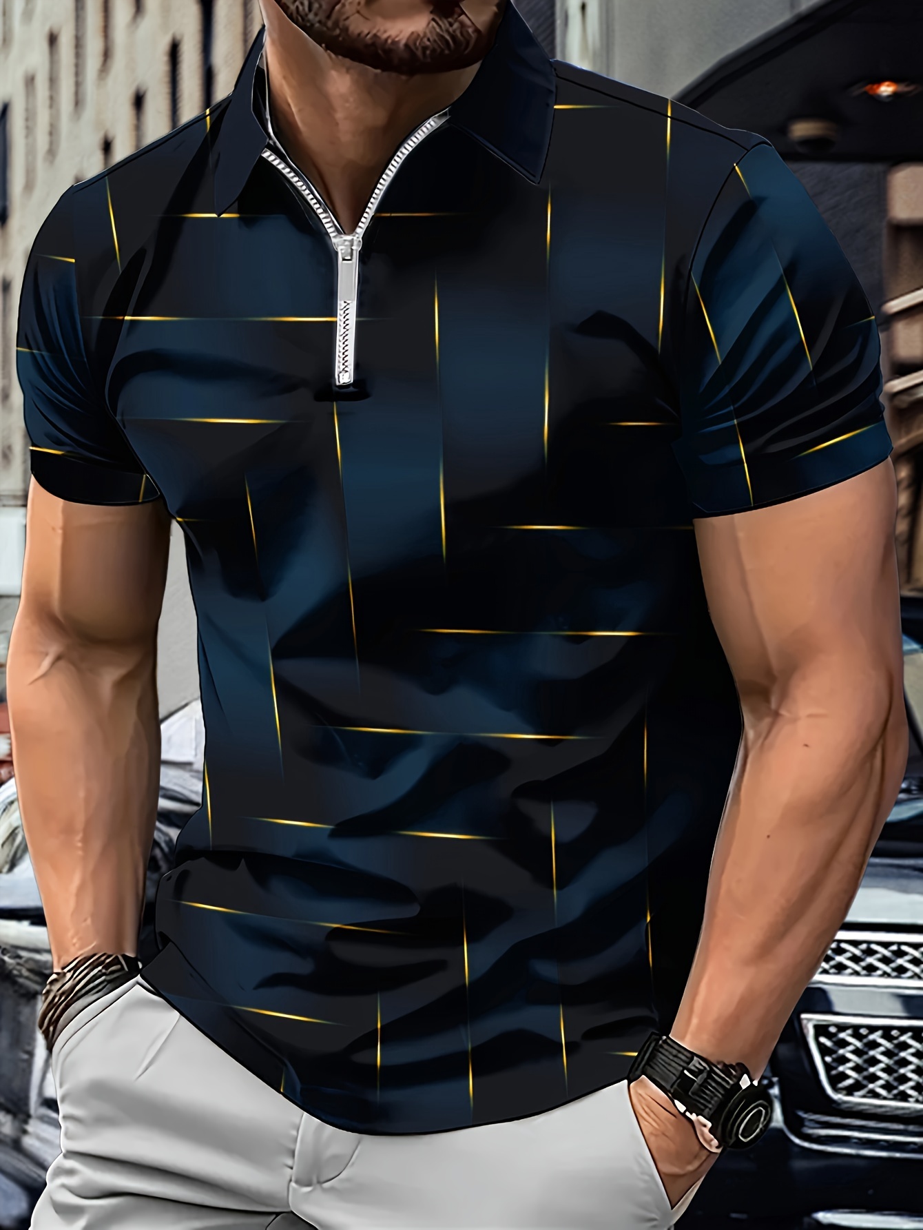 trendy geometric pattern print mens casual short sleeves zip up shirts lapel collar tops   mens clothing for summer