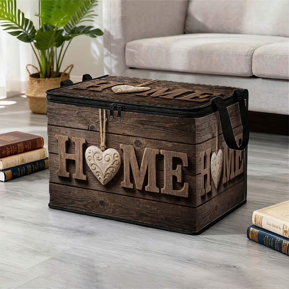TEMU 1pc Rustic Farmhouse Organizer(with Lid)- For Wood Container Can Store Clothing, Blankets, Medical Supplies, Etc. Made Of Polyester Fabric