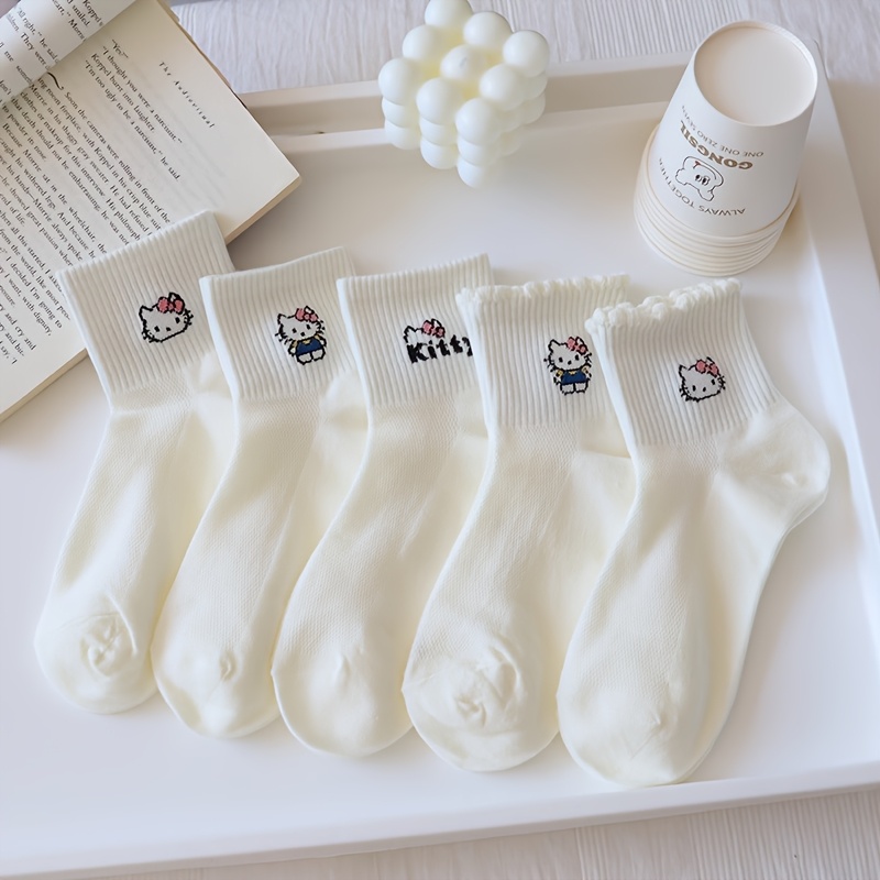 5 Pairs Girls Cartoon Crew Hello Kitty Socks, Cute Kids Everyday Socks, Fall And Winter Clothes