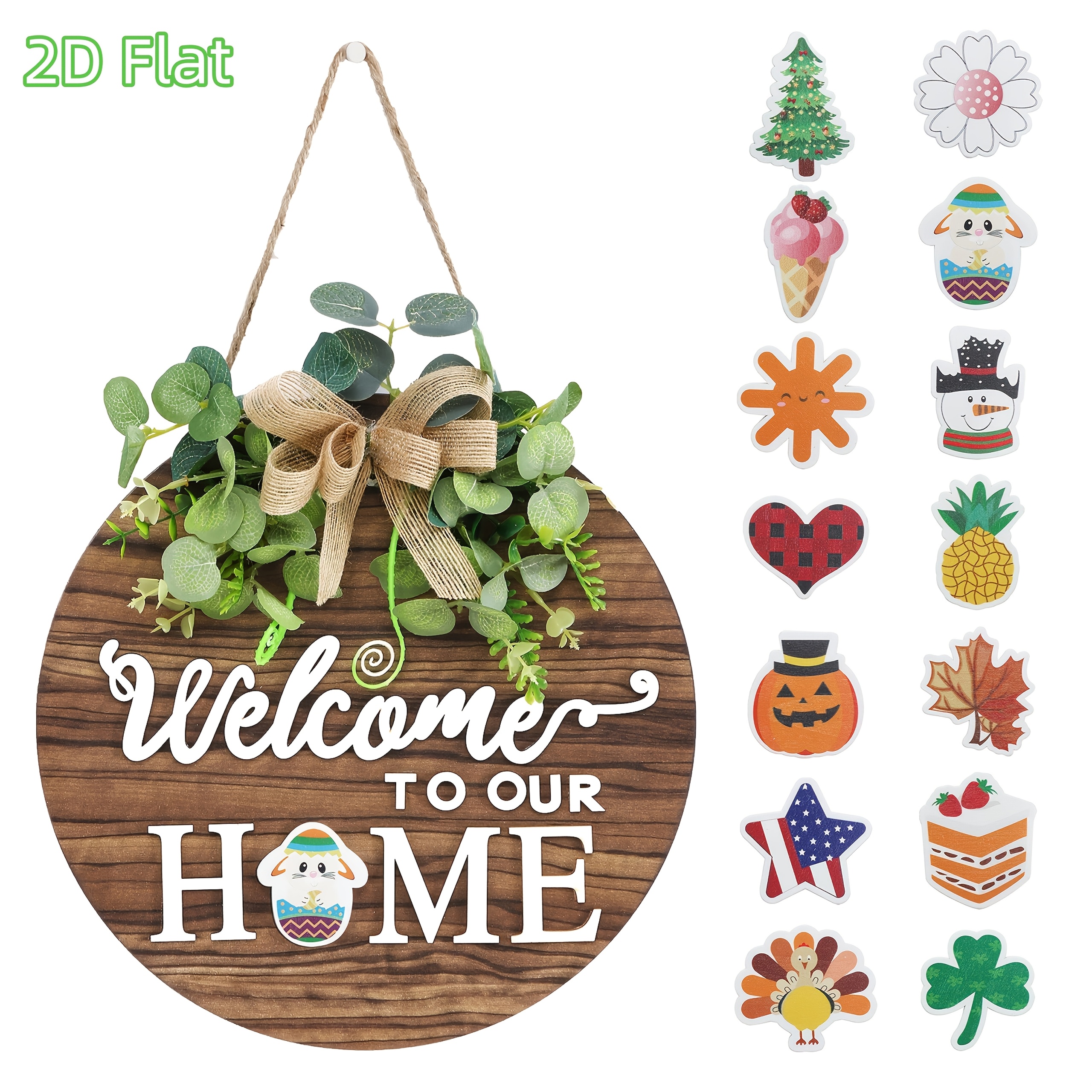 TEMU [2d Flat] Interchangeable Seasonal Welcome Sign Front Door Decor, Rustic Round Wooden Wreath Wall Hanging Outdoor, Farmhouse, Porch, For Spring