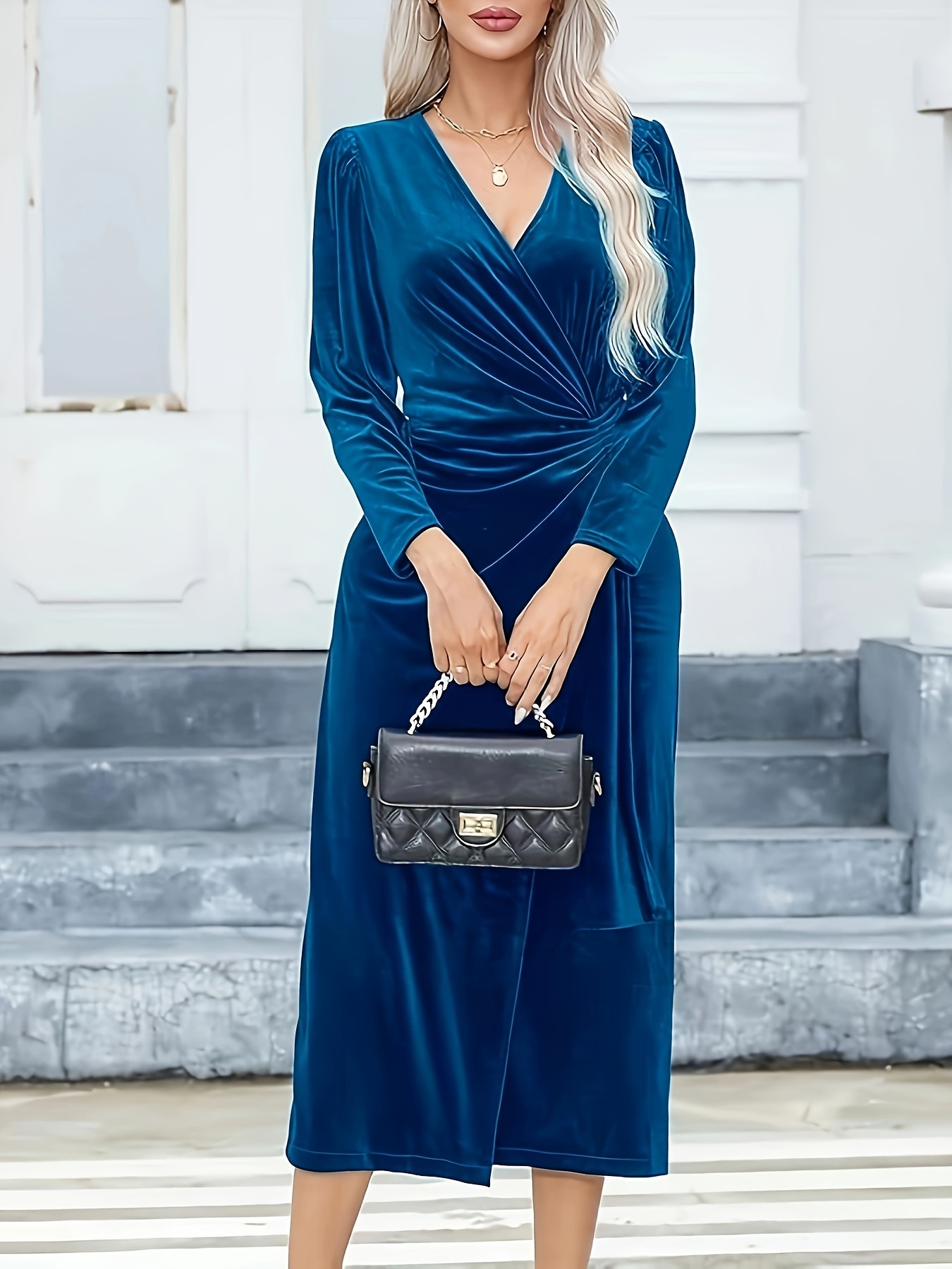 plus size velour v neck wrap dress autumn winter long sleeve - Temu United  Arab Emirates