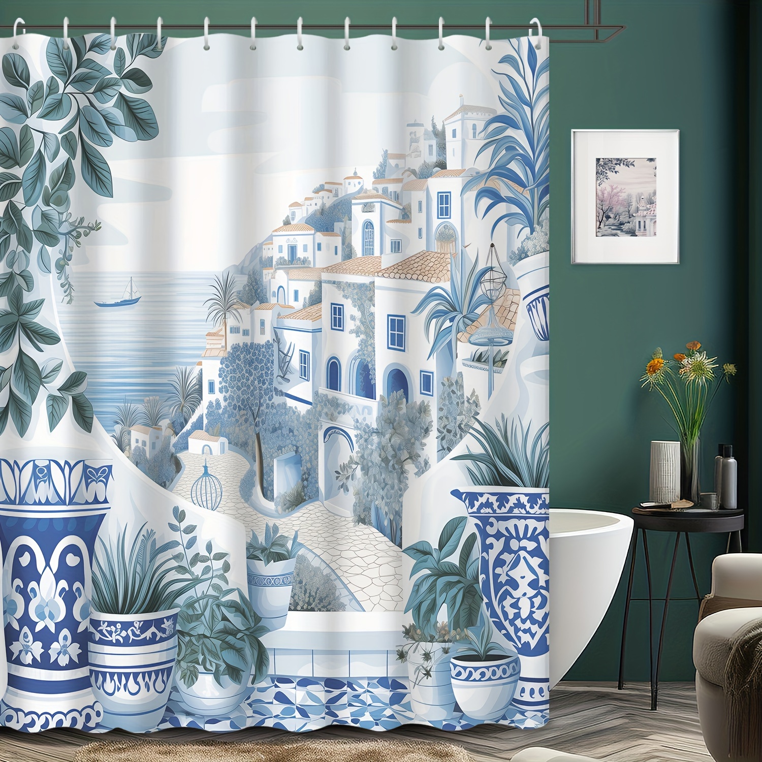 

1pc Blue Balcony Seascape Pattern Shower Curtain, Waterproof Decorative Bath Curtain, Anti-mold Bathroom Partition With Hooks, Home Bathroom Decor