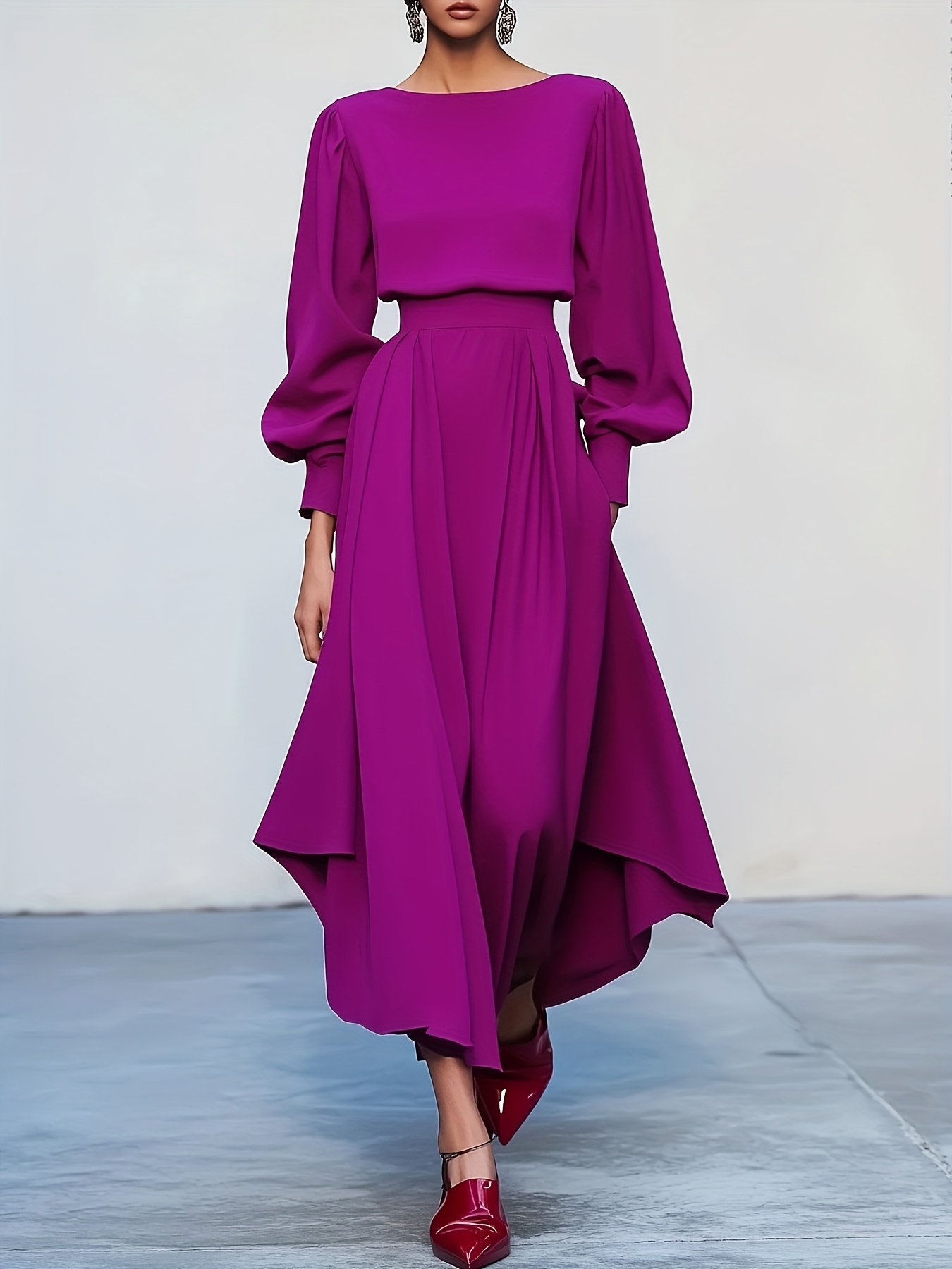 pink asymmetrical boat neck long sleeve a line midi dress