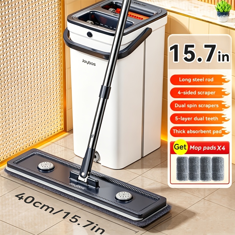 TEMU Mop And Bucket With Wringer Set, Hands Floor Mop And Bucket, 2/4 Washable Microfiber Pads Included, Wet And Dry Use, Home Floor Cleaning System