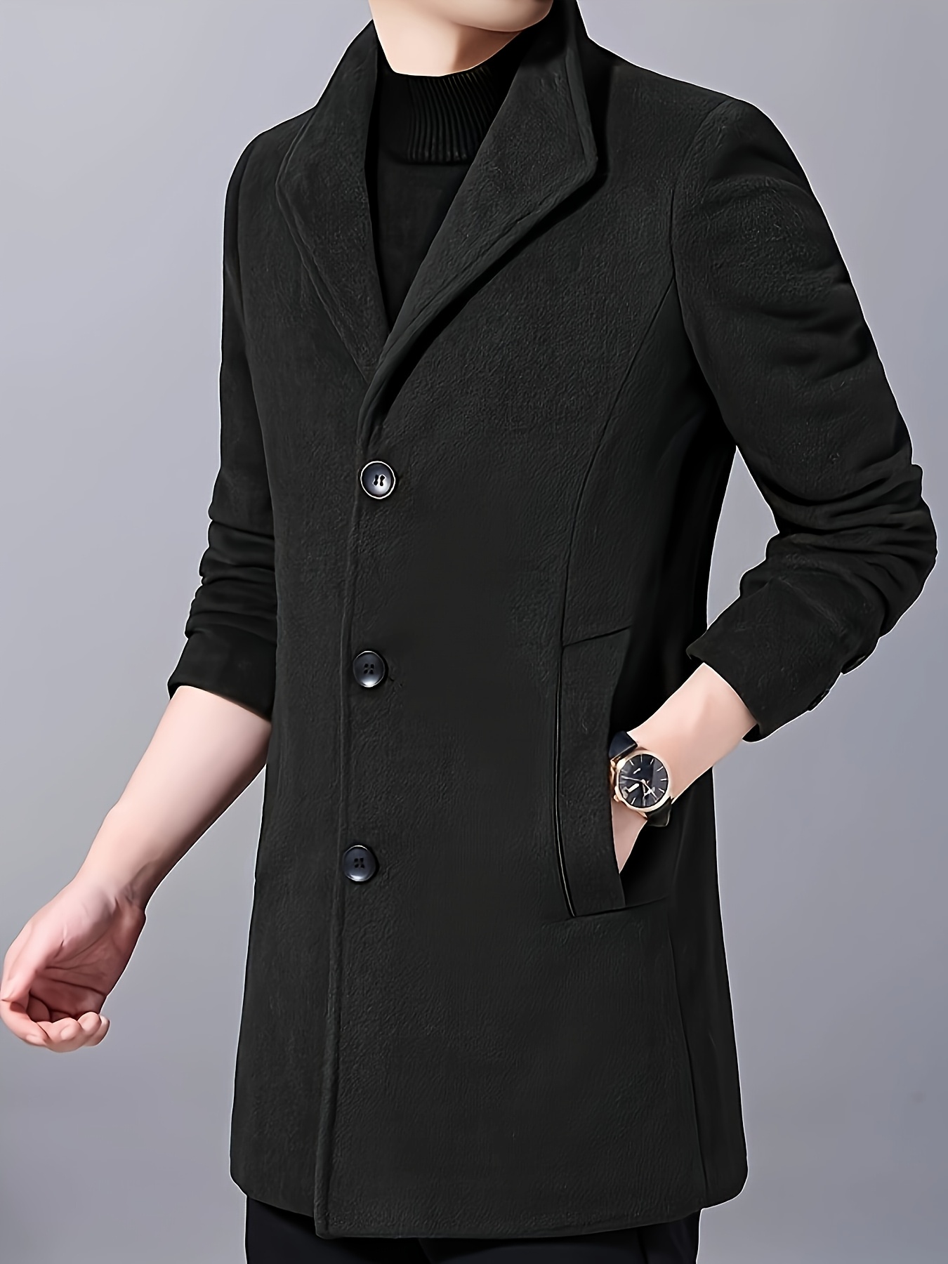 *'s Stand Collar *-Length Warm Tweed Overcoat with Three-Button Pocket  Jacket for Autumn and Winter