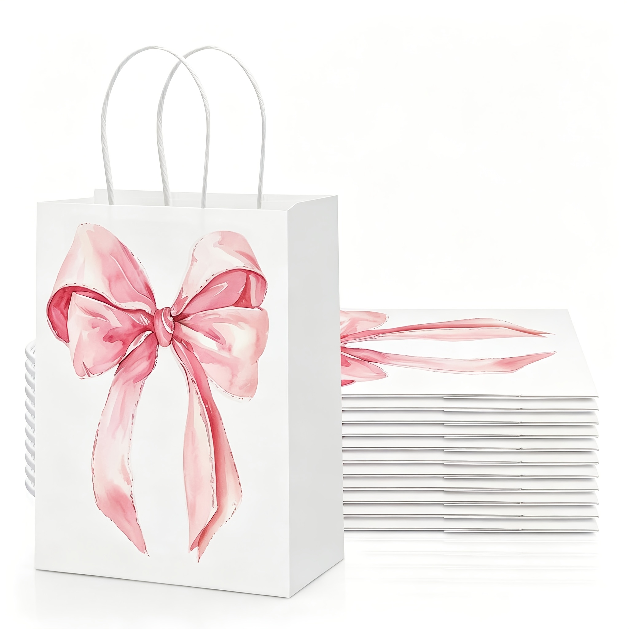 TEMU 10pcs Coquette Gift Bags With Handles, Pink Bow Party Favor Bags For Birthday Bridal Shower, Paper Goodie Bags Bulk For Wedding Candy Treats,