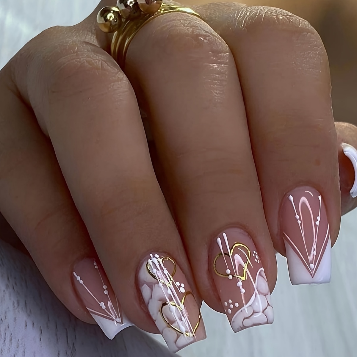 Image of 24pcs Medium Square Press-on Nails With Cloud And Heart Decorations, Including Jelly Glue And Nail File, Suitable For Women And For Festive And Daily Wear