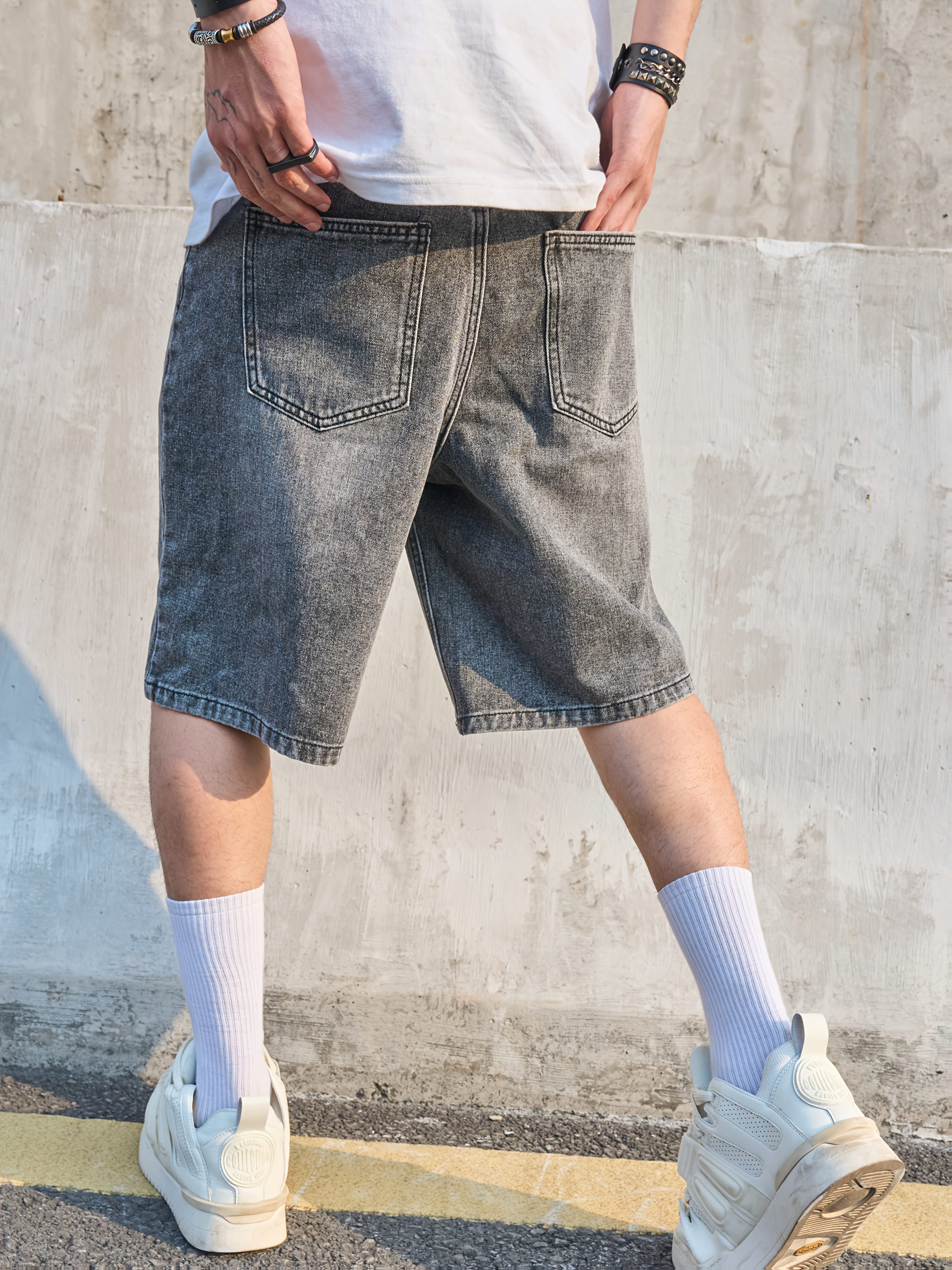 mens 2025 summer denim shorts loose straight leg knee length casual shorts with pockets machine washable non stretch fabric for versatile styling details 1