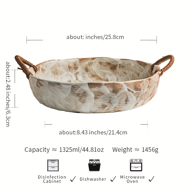 1pc Machi Double-Eared Bowl 20.32cm/25.4cm Thick Clay Dark Plate - Handmade Vintage Ceramic Fruit Bowl with Twine Handle, Retro Home Decor for Kitchen & Dining, Fruit Bowl for Kitchen, Decorative Kitchenware, Elegant Handle Design