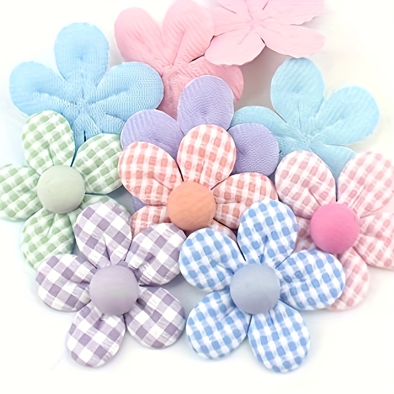 TEMU 20pcs Handmade Fabric Flower Appliques For Diy Crafts - Plaid And Solid Color Hair Clips, Clothing, Shoes, Hats And Accessory Patches