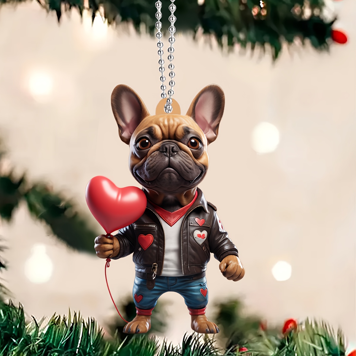 

Adorable French Bulldog Hanging Ornament With Heart Balloon, 2d Dog Car Mirror Charm, Purse & Keychain Accessory, For Family And Friends