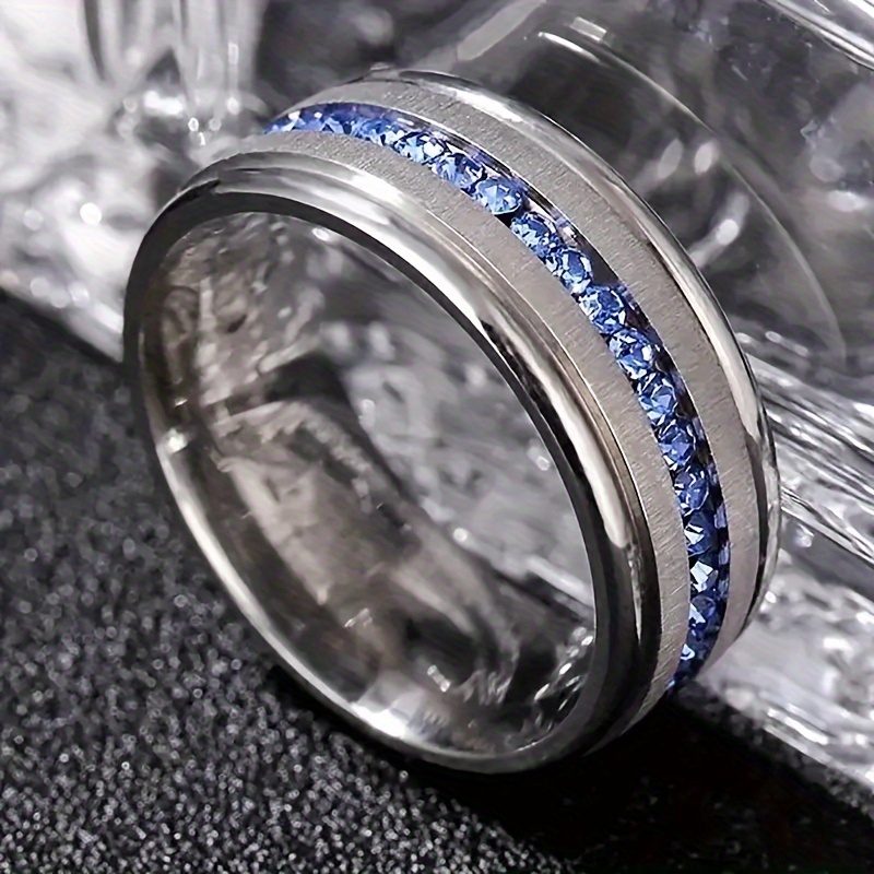 8mm Stainless Steel Wedding Ring with Rhinestone Inlay