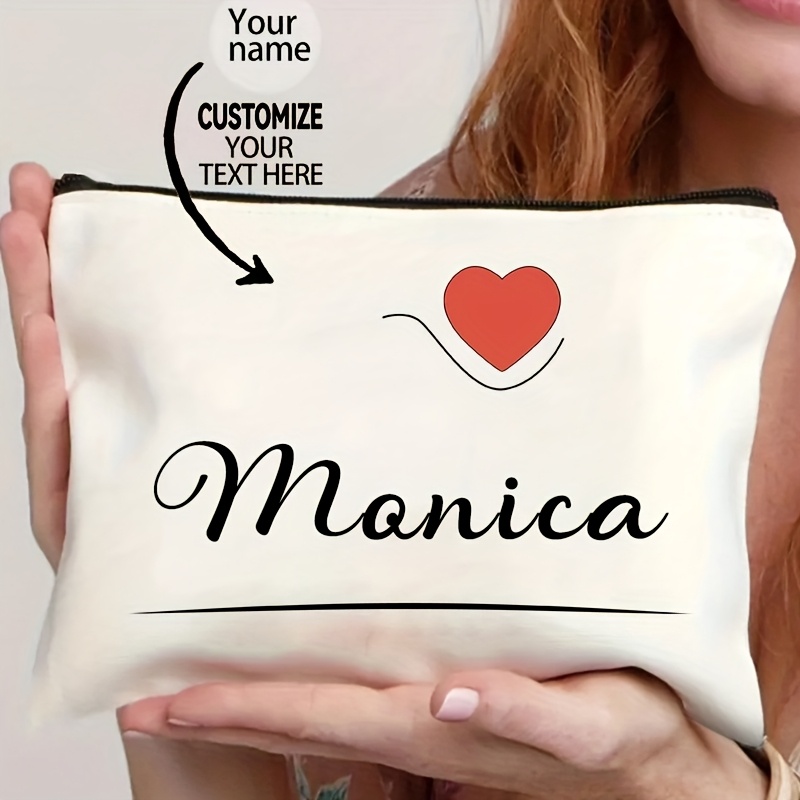 TEMU Custom Makeup Bag - Heart-shaped Design Personalized Name Pouch, Durable Polyester Travel Organizer, Secure Zipper Closure, Unisex Gift Neutral