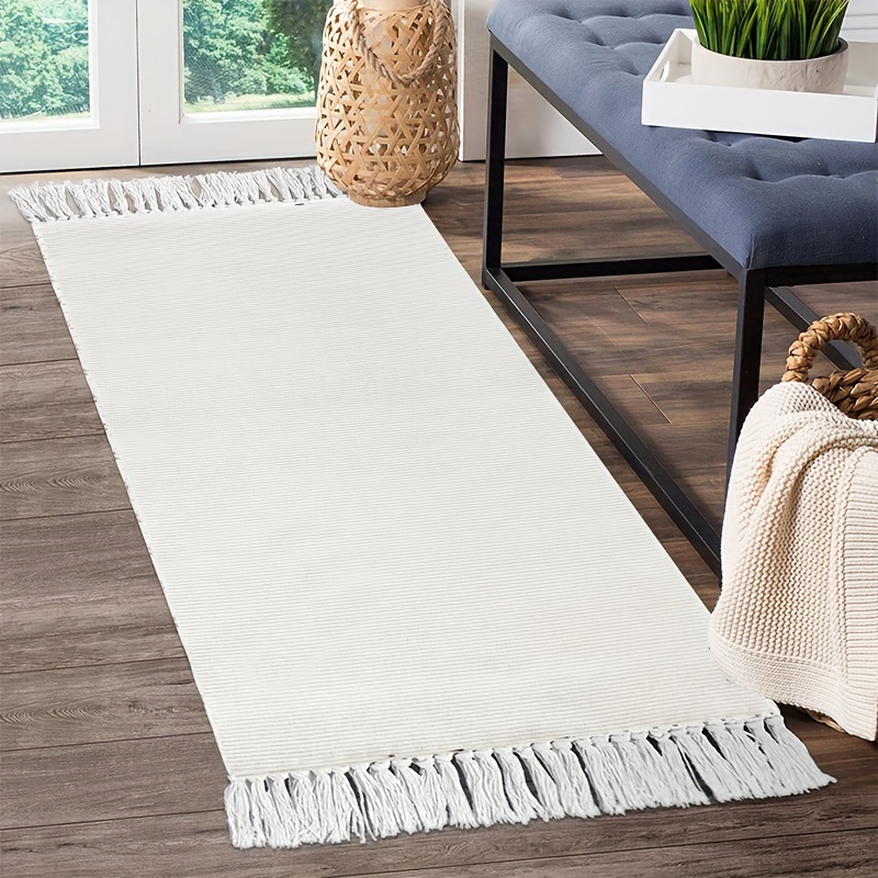 1pc handcrafted tassel runner rug machine washable solid color braided polyester mat for entryway bedroom kitchen non skid absorbent durable indoor runner rug Product details 3
