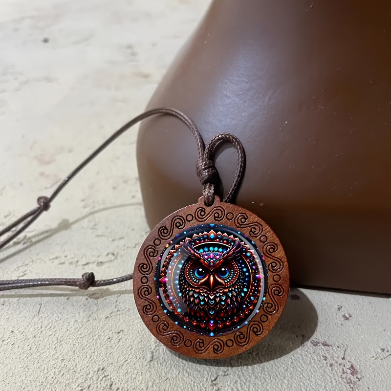 Painted Owl Wooden Pendant Necklace, Vintage-style Gift
