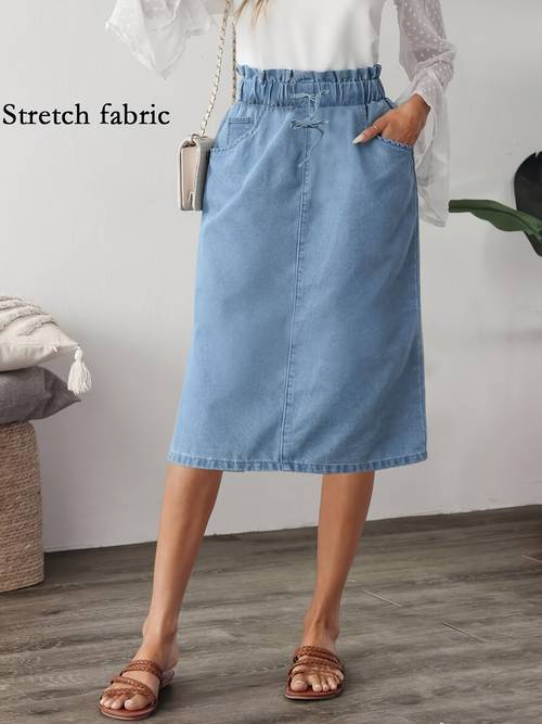 dames high-waist geplooide denim rok met trekkoord en elastische tailleband, elegante veelzijdige rok met elastische tailleband, lente/zomer keuze, geschikt voor iedereen, modieuze veelzijdige