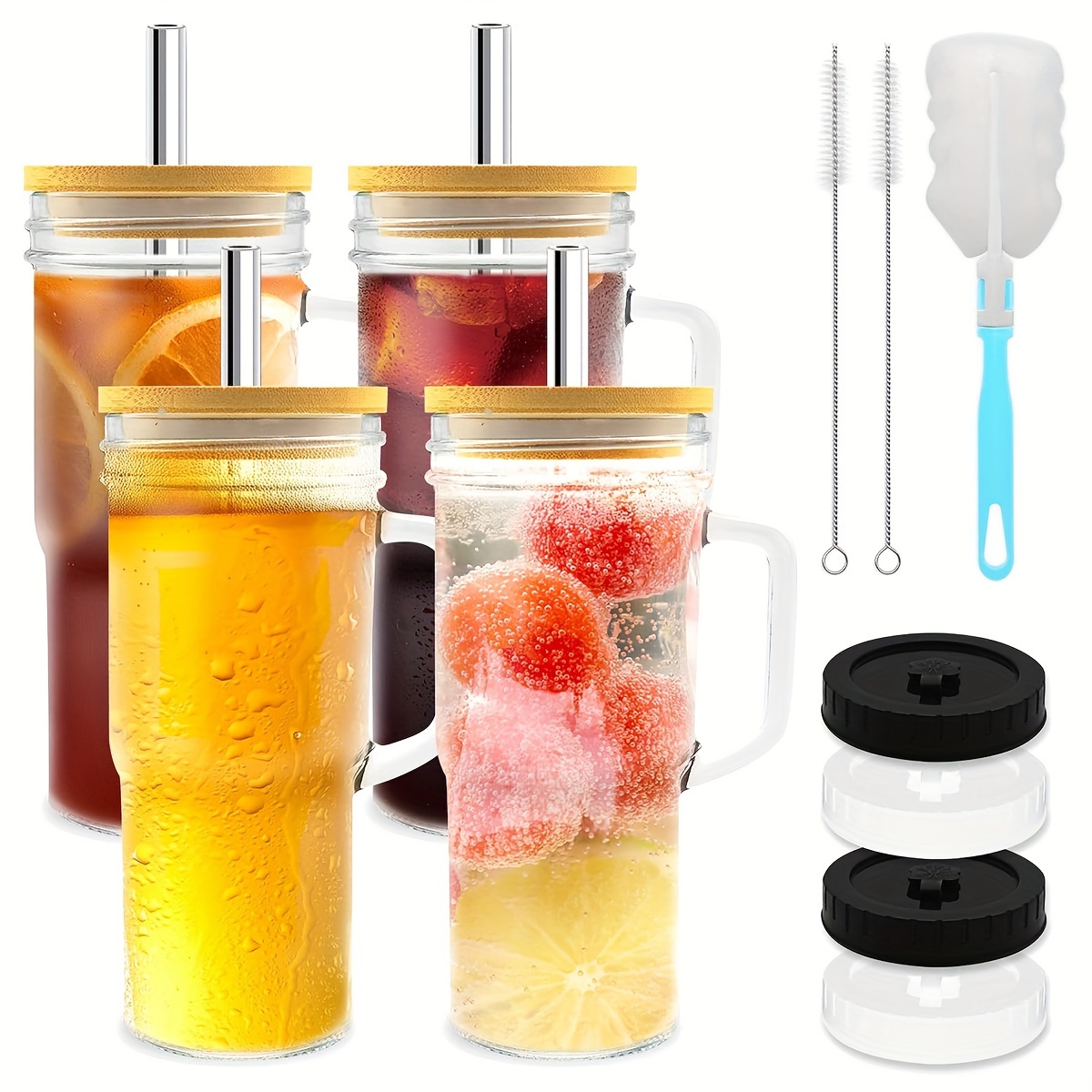 

Glass With Lid And Straw 24oz/700ml Mason Jar Drinking Glass With Handle Straw Brush Cup Brush For Iced Tea Or Coffee