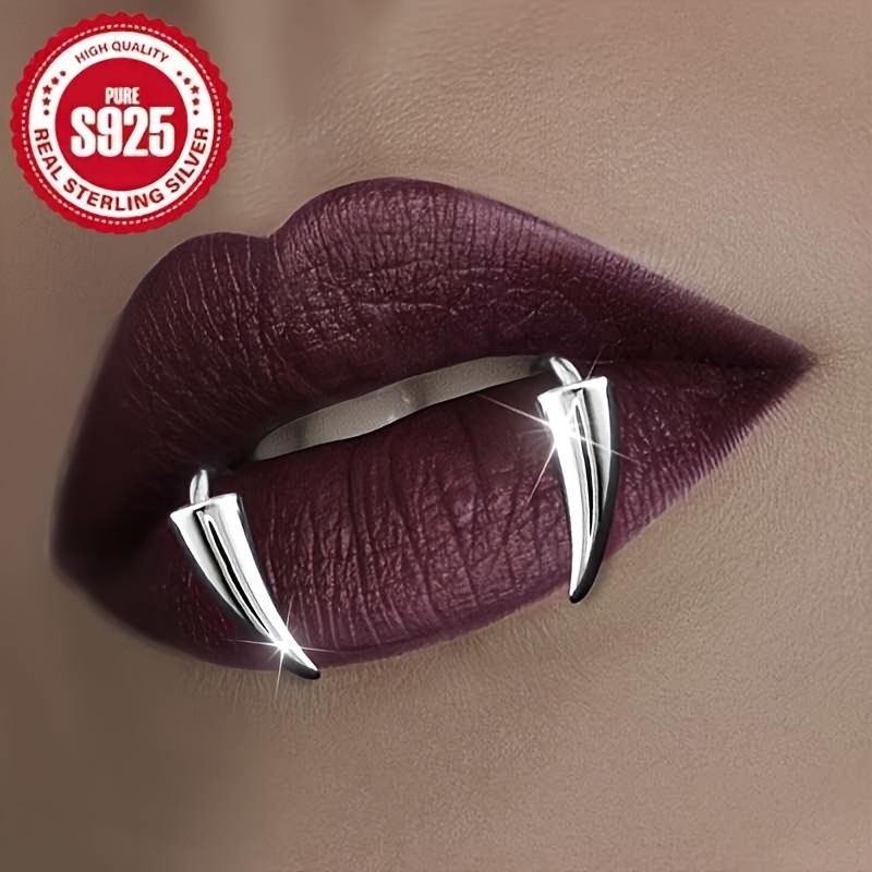 TEMU Pair Of 925 Sterling Silvery Fang Lip Rings, Hypoallergenic, Suitable For Halloween, Parties, Hip Hop And Music Festivals - Fashionable Pierced