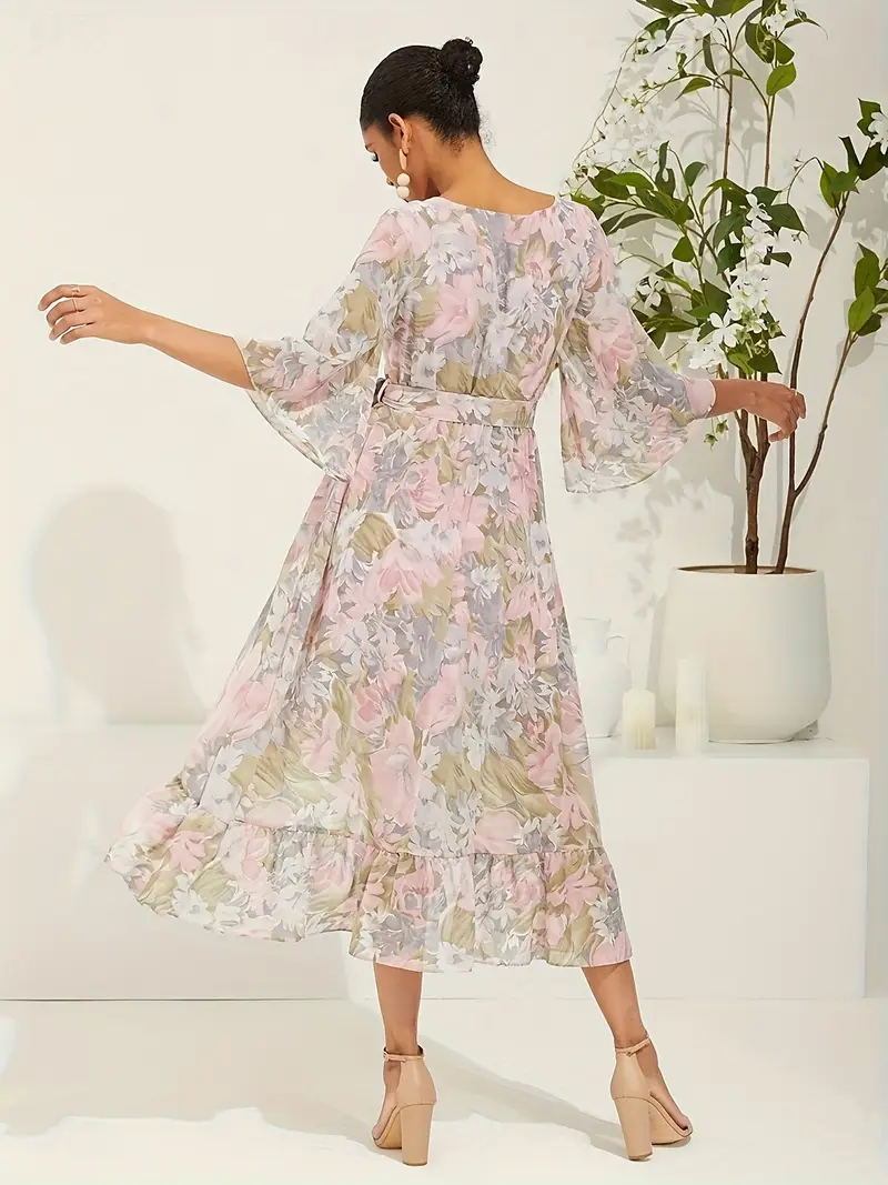neck floral chiffon long dress with flowing sleeves elegant and stylish for weddings and vacations belt ll425 Product details 3