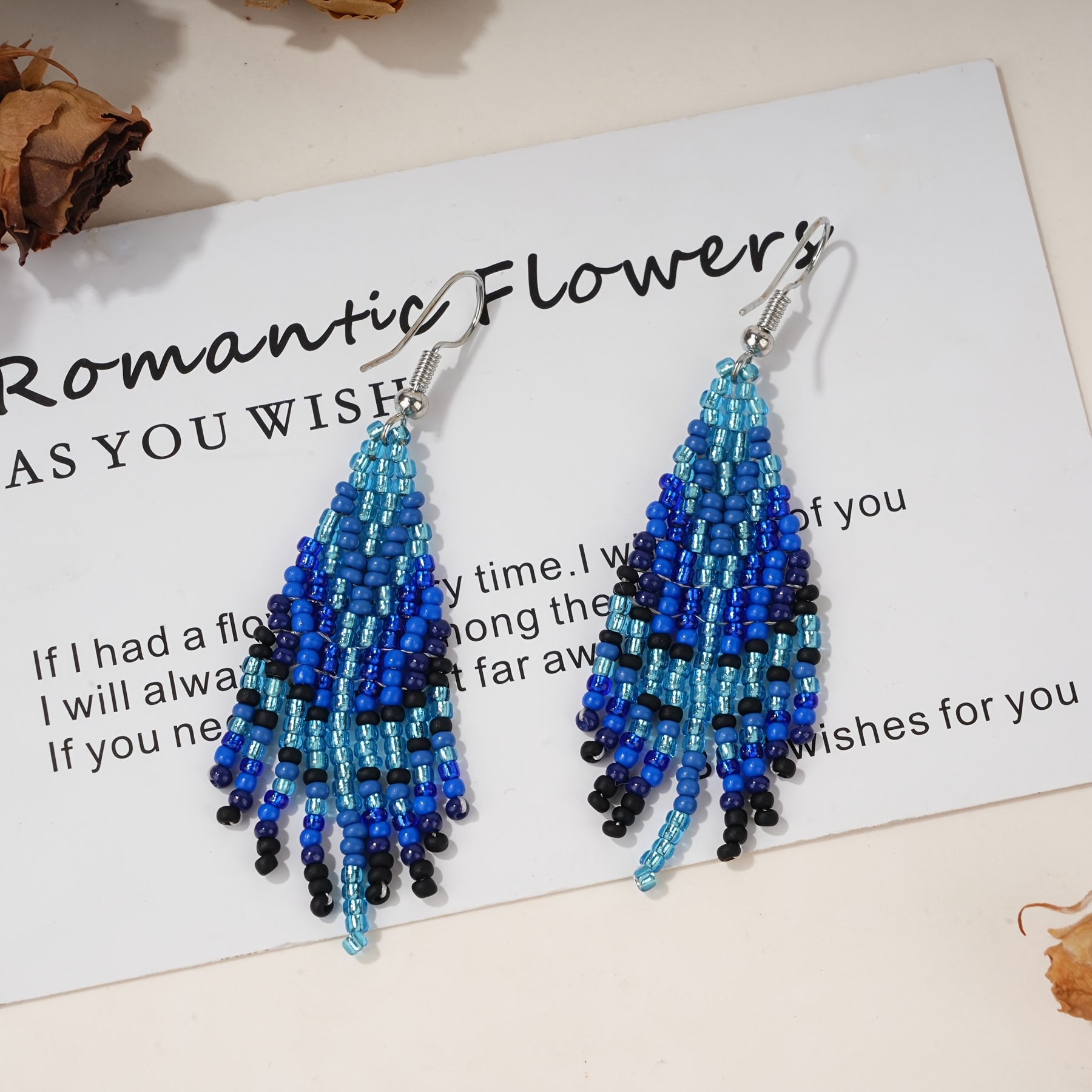 Blue Gradient Feather Tassel Bead Earrings for Women