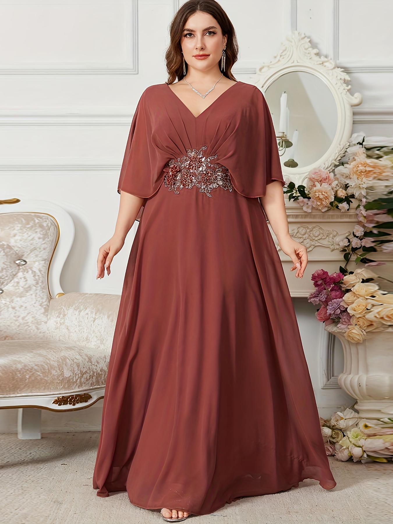 white christmas dresses Elsie Modern A-Line Long Sleeves Chiffon Dresses, Cabernet main image 1