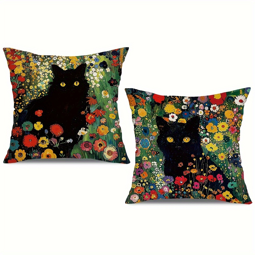 

Set Of 2 Black Cat & Floral Throw Pillow Covers - Gustav Klimt Inspired, Linen Blend, Zip Closure - Perfect For Couch, Sofa, Bedroom Decor - 18x18 Inches, Hand Wash Only (pillow Inserts Not Included)