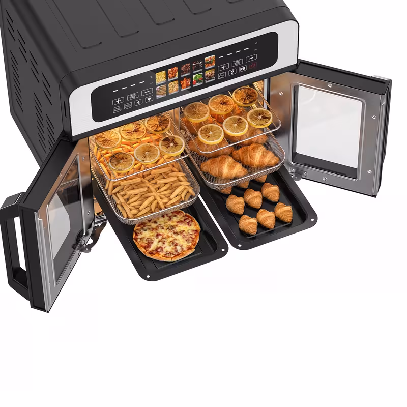 27 5qt large french door air fryer toaster oven combo suitable for convection oven with smart rotisserie dehydrator rotating oven dehydrator function independent dual fans sync mode led touchscreen plug details 3