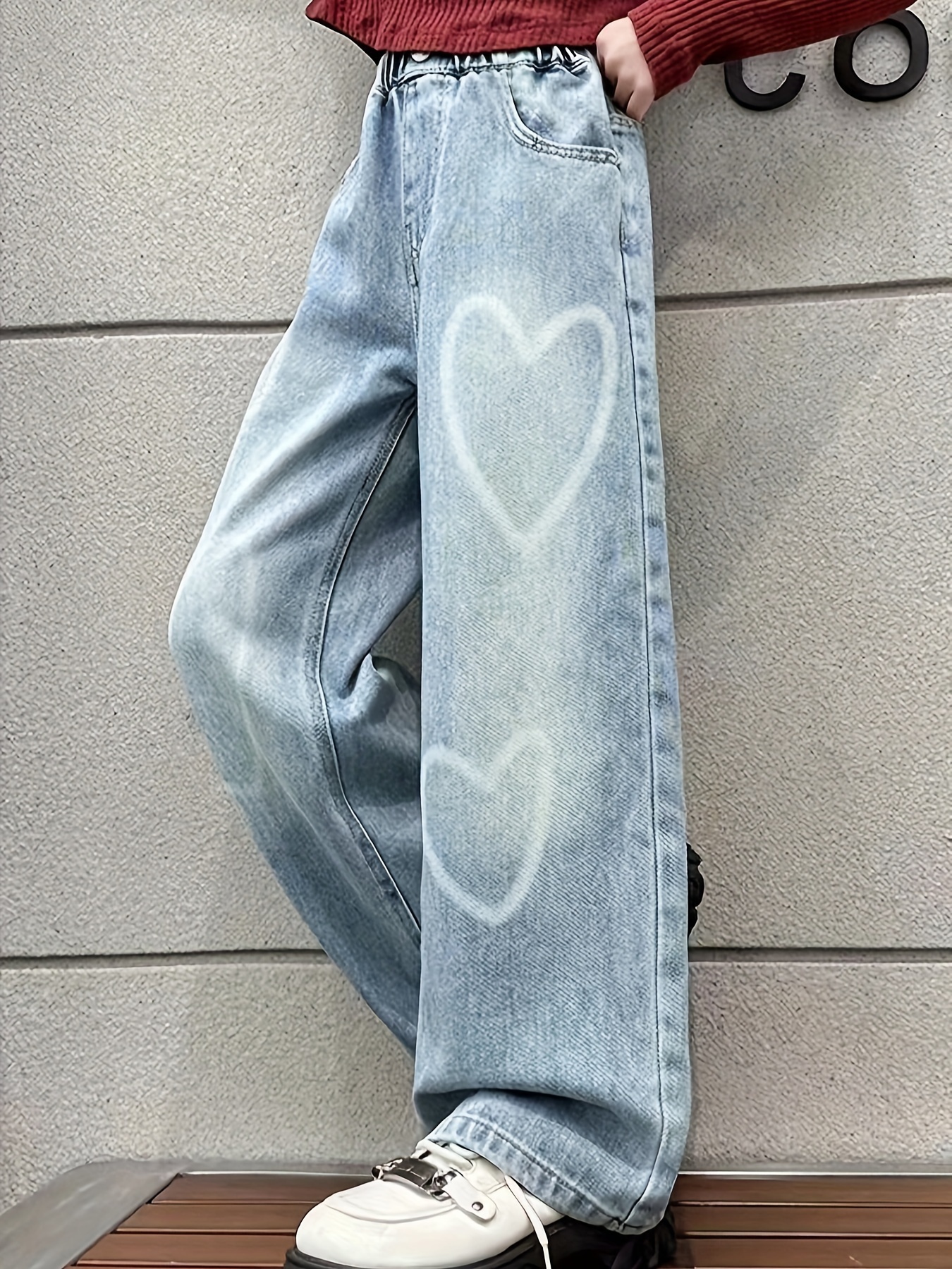 Heart Print Jeans for Girls Heart Print Jeans for Women Fashion Wide Leg  High Waist Baggy Boyfriend Jeans Loose Denim Pants : : Clothing