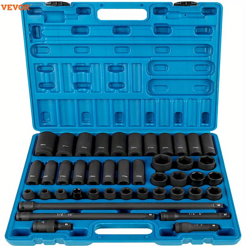 

Vevor Impact Socket Set 1/2 Inches 43pcs Impact Sockets, Standard Socket Assortment, 1/2 Inches Drive Socket Set 6-point Sockets Metric 9-30mm (standard/deep)