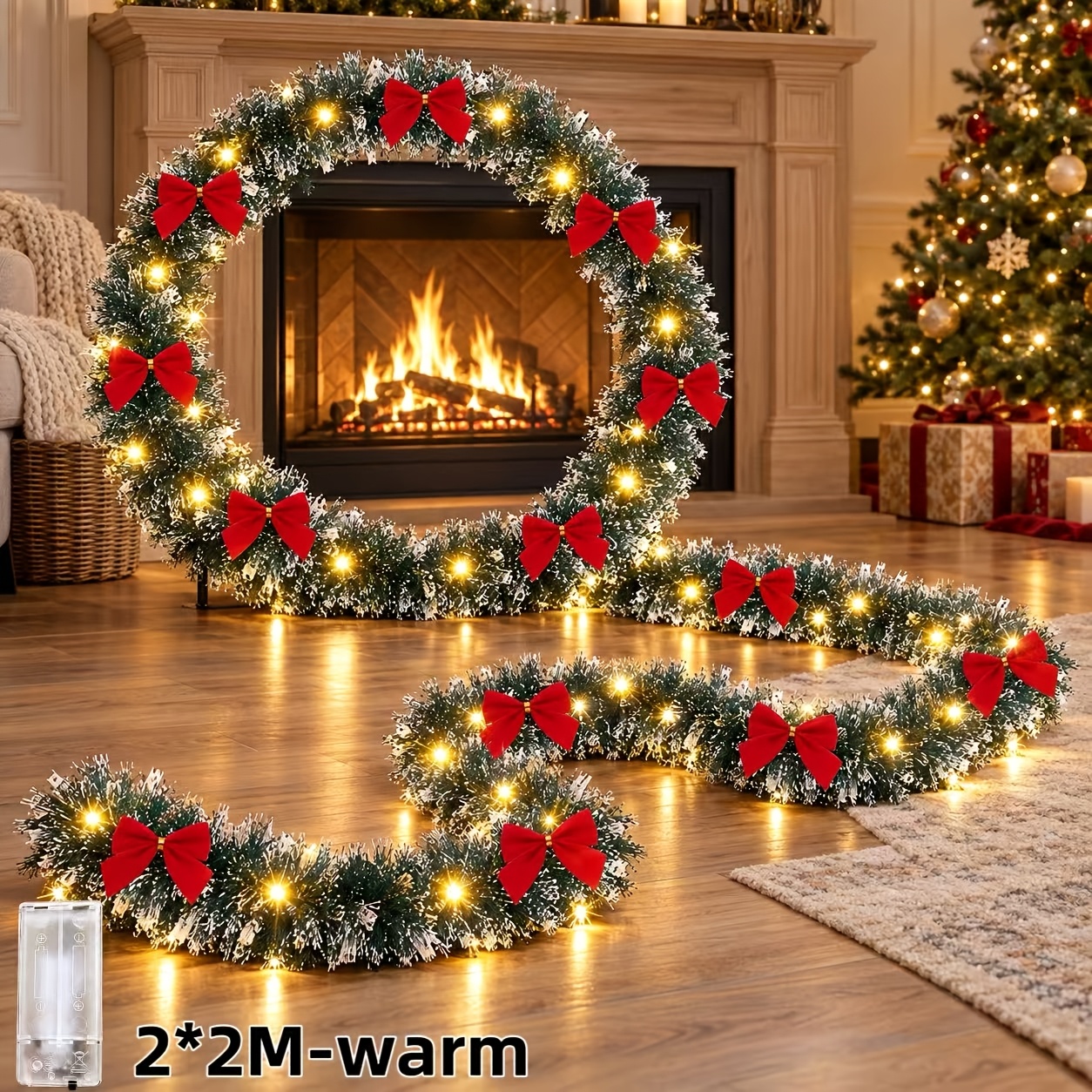 TEMU Red Bow Christmas Garland Battery Operated Warm White Led String Lights Single On Plastic Pine Needles And Silver Tinsel Trim For Christmas Tree