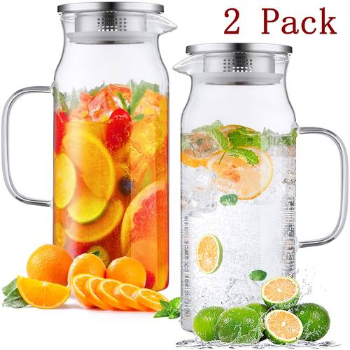1 68oz square glass pitcher with lid and handle for fridge iced tea and coffee carafe beverage serveware heat resistant borosilicate water jug for hot cold drinks and milk 304 stainless steel lid