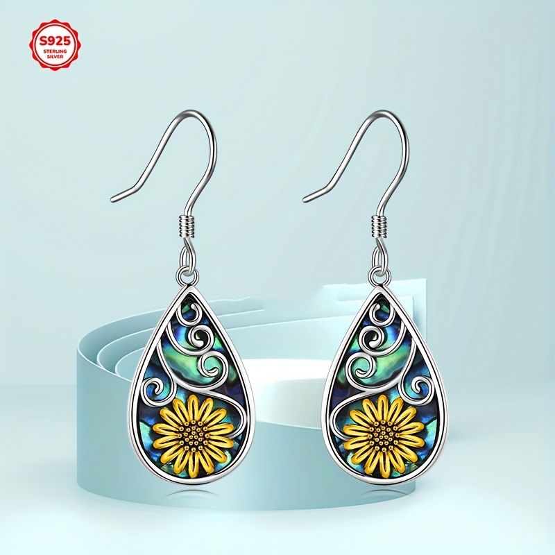 sunflower earrings for women 925 sterling silver teardrop abalone earrings dangle sunflower jewelry gifts birthday Product details 1