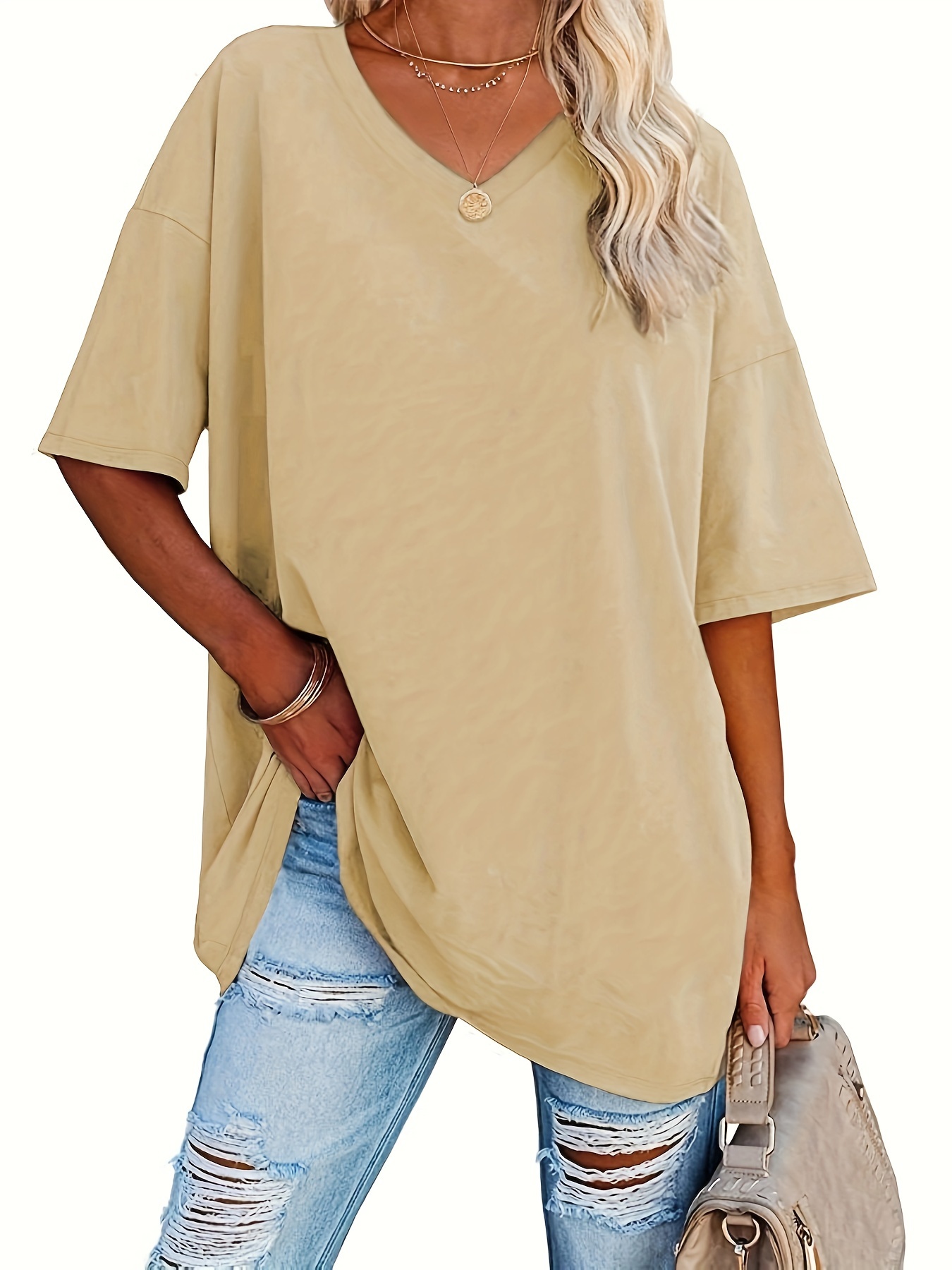 Women's Loose-Fit V-Neck Half-Sleeve Blouse - Soft Stretch, Solid Color, Spring/Summer Casual & Formal Wear, Elegant & Breathable, Transitional Weather Clothing, Middle Eastern Style, Comfortable Fit, Stretchy Fabric Top