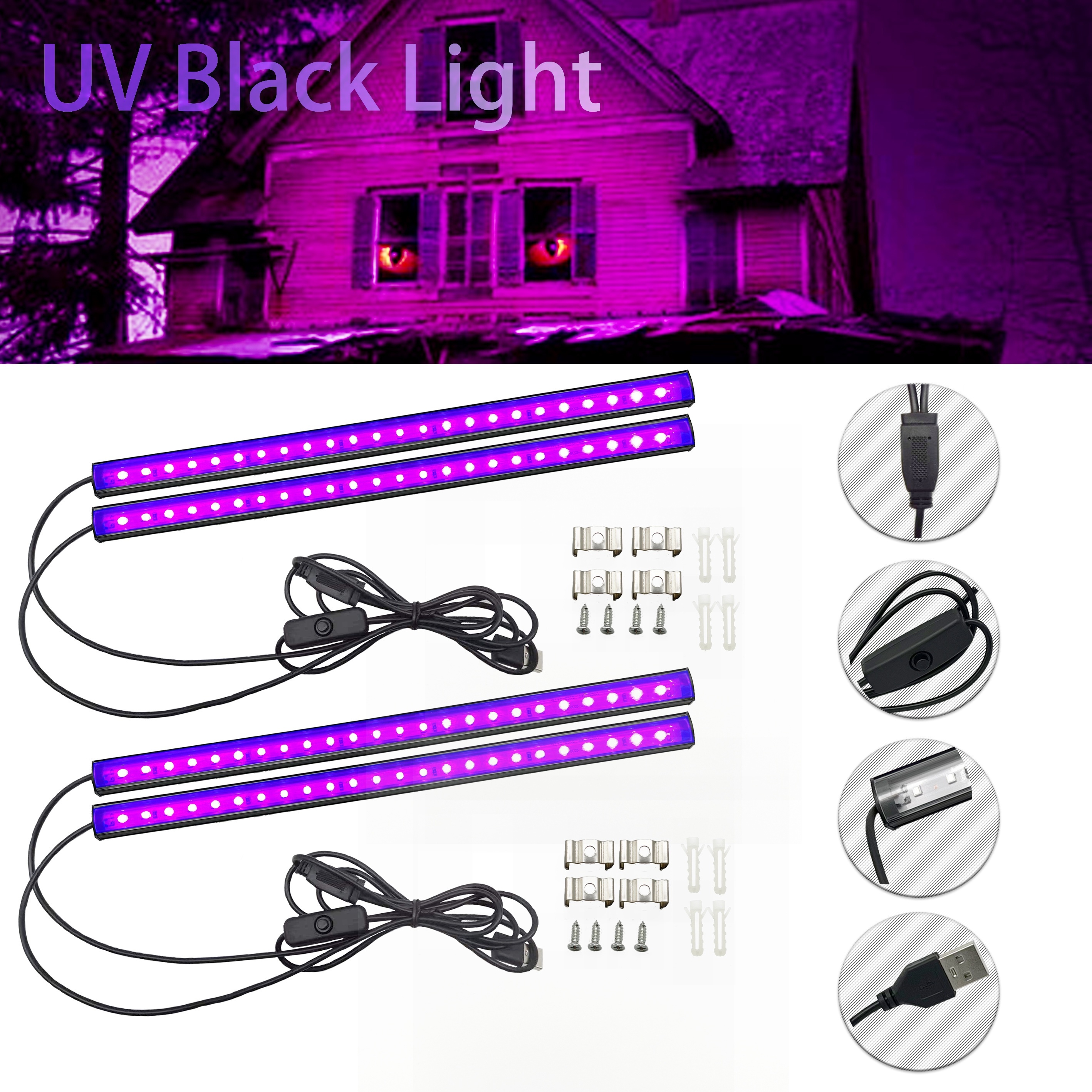 

2pcs/4pcs Usb 12-inch Led Black Strip Lamp For Bedroom Fluorescent Paint Poster Party Glow-in-the-dark Halloween