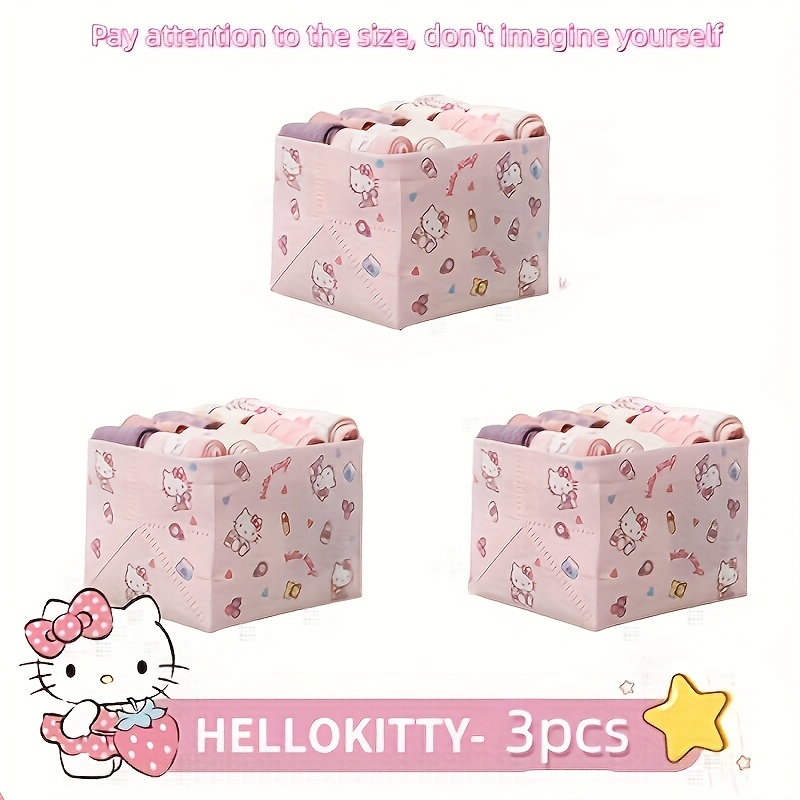 3pcs Set Hello Kitty, Kuromi Cute Folding Storage Organizer Boxes For Socks, Clothes, And Stationery - Mixed Colors, Shelf Baskets