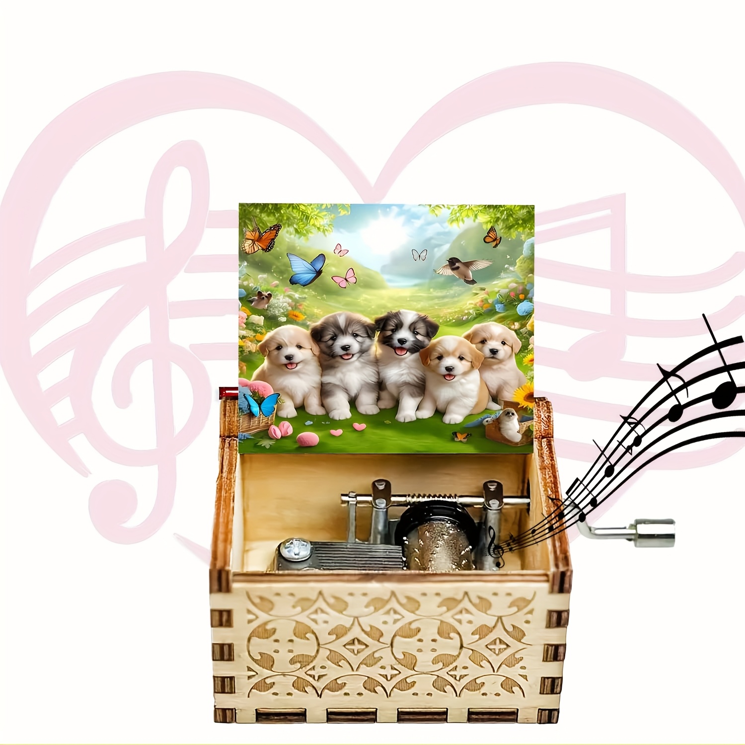 TEMU 1pc 6 Cute Puppies, Butterflies And Birds Retro Wooden Hand-cranked Music Box, Gift For , Ideal For Birthdays, Anniversaries, Holidays,