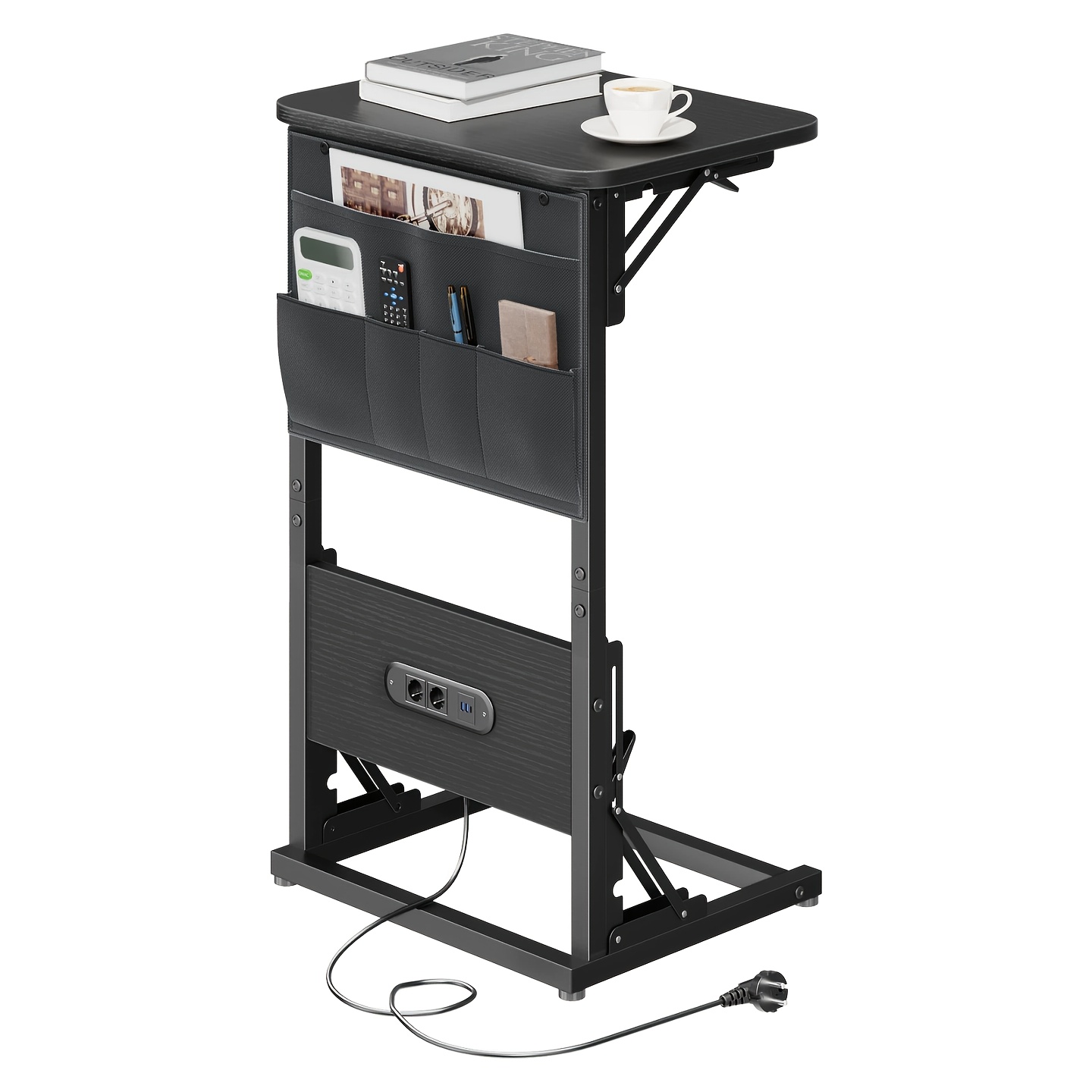 TEMU Table d'appoint de C avec sac de rangement, table d'appoint pour canapé avec station de charge, plateau TV pliable avec 2 ports USB et prises