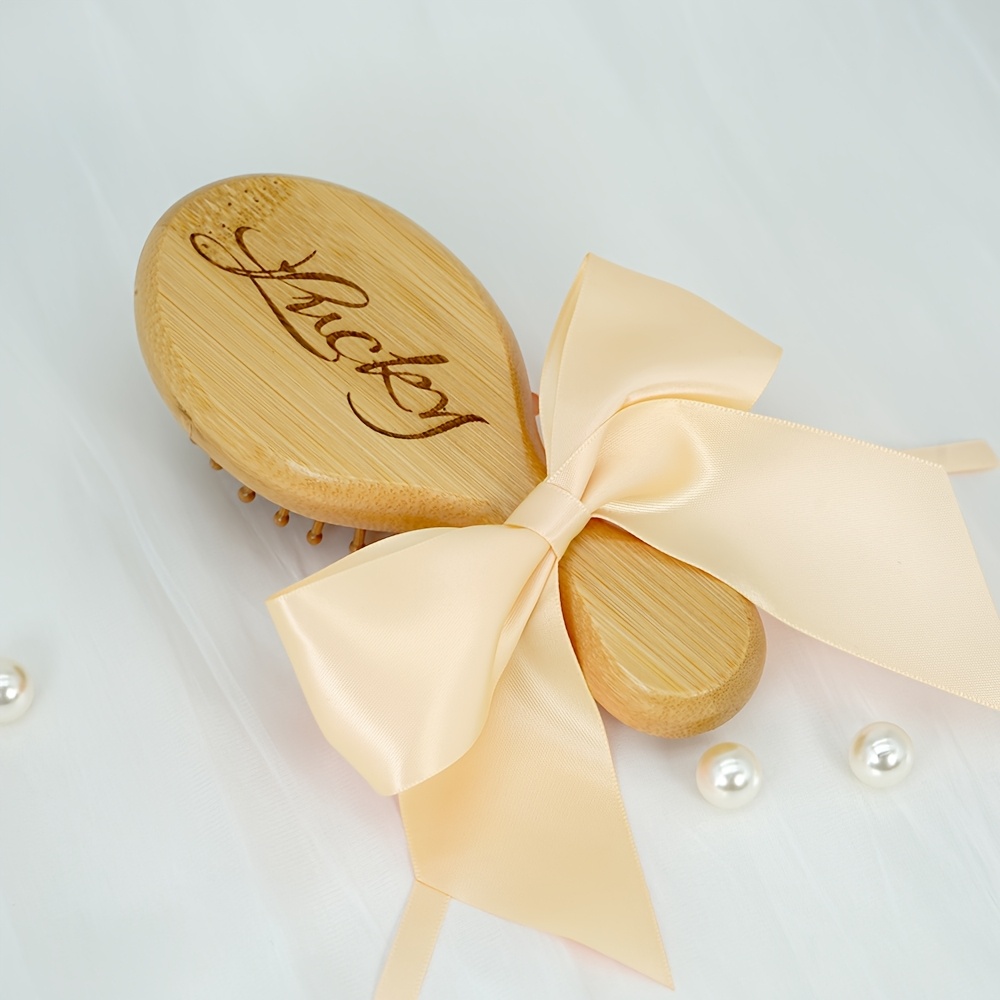 TEMU 1pc Personalized Brush - Natural Bamboo Detangling Mini Hairbrush With Air Cushion Comb And Scalp Massage, Laser Engraved Initials/name, Ribbon