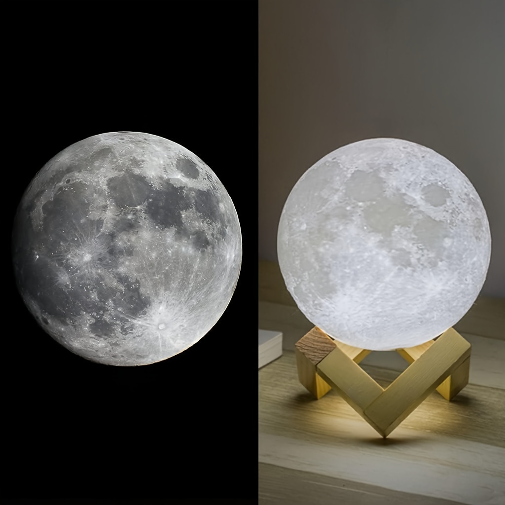 Night Lights Moon Lamp with Stand and Remote Control USB Plug-in Moon Lamp, White Ball Moon Lamp Wooden Frame Base, 16 Colors LED Night Light_voghion.com